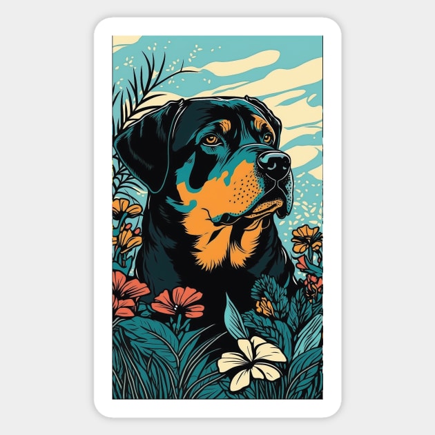 Rottweiler Dog Vibrant Tropical Flower Tall Retro Vintage Digital Pop Art Portrait 2 Sticker by ArtHouseFlunky